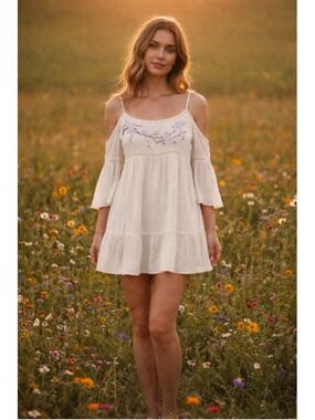 Soprano Floral Embroidered Cold Shoulder Mini Dress/Blouse Women's Size M